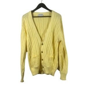 Vintage Lord Jeff 100% Cotton Cable Knit Cardigan Sweater Yellow USA Men's M